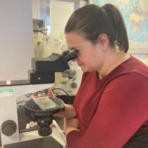 Kyra Kaercher using a polarizing microscope